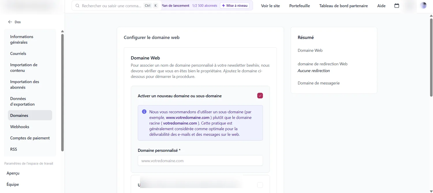 Configuration d'un domaine personnalisé dans Beehiiv