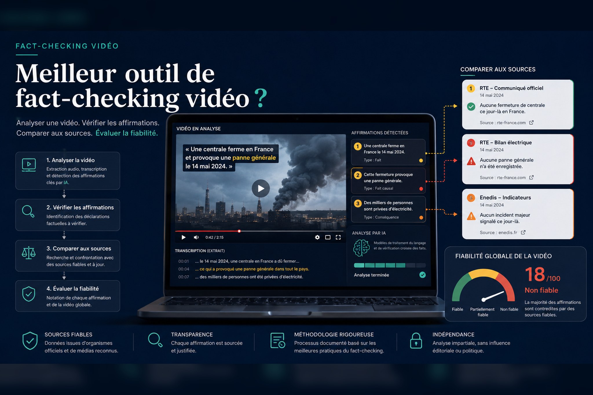 Exemple d’analyse de fact-checking vidéo avec VideoVFY : affirmations détectées, comparaison aux sources et score de fiabilité