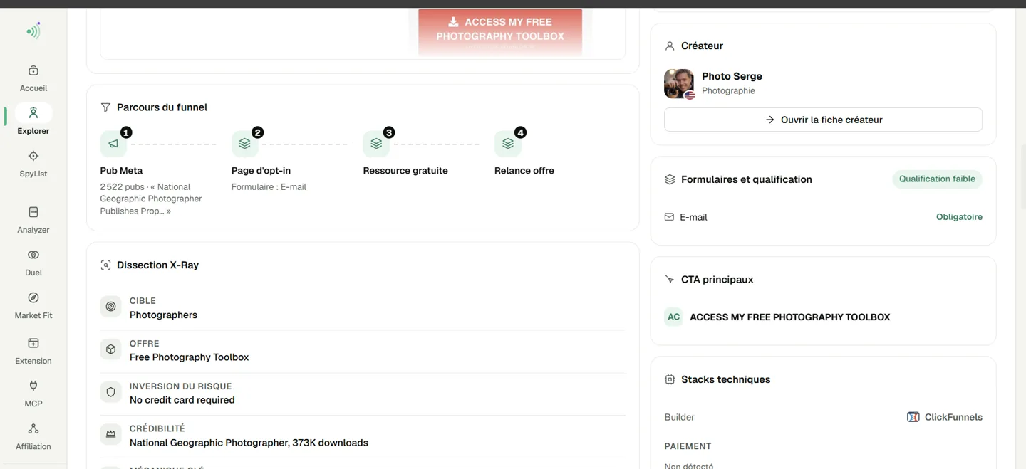Analyse Funnel X-Ray de Photography Toolbox avec ressource gratuite et détection ClickFunnels