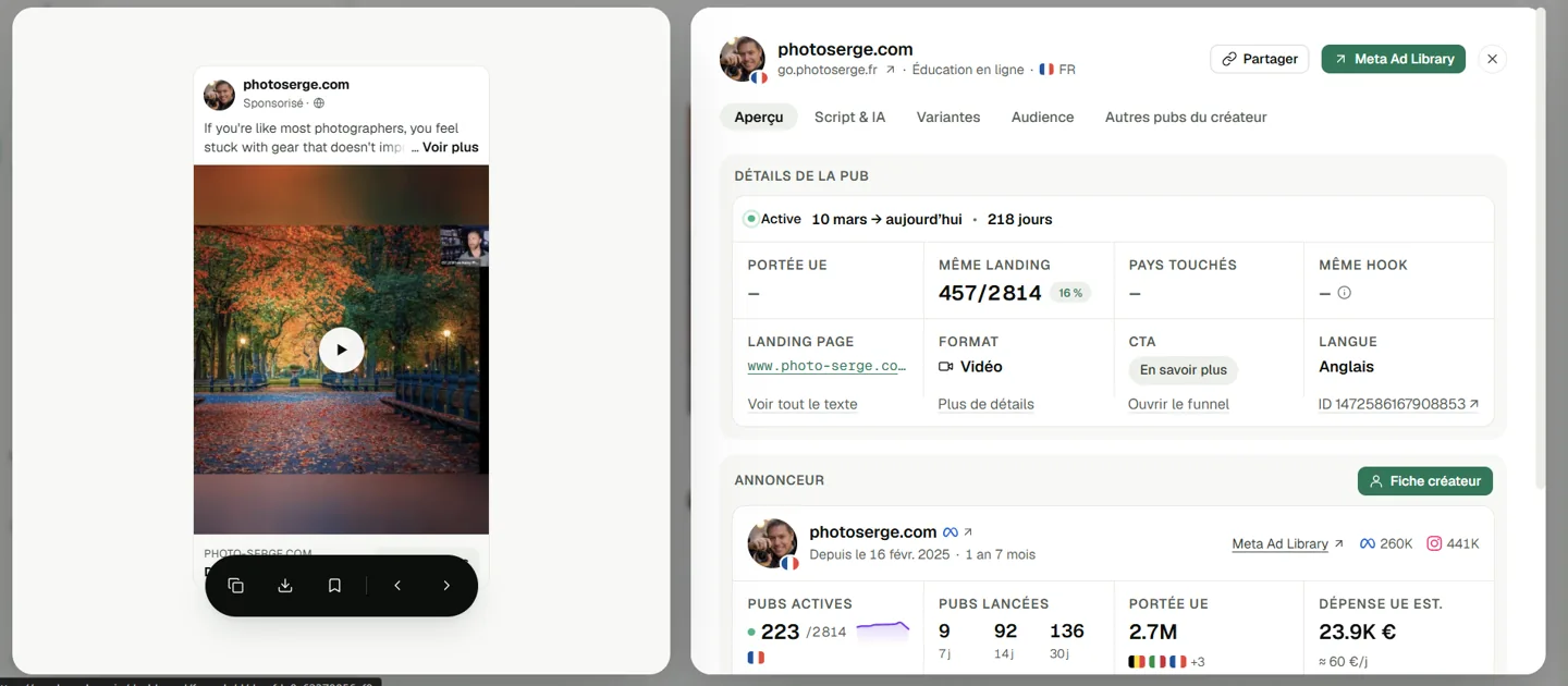 Fiche de publicité Photo Serge avec destination, ancienneté et action Open funnel