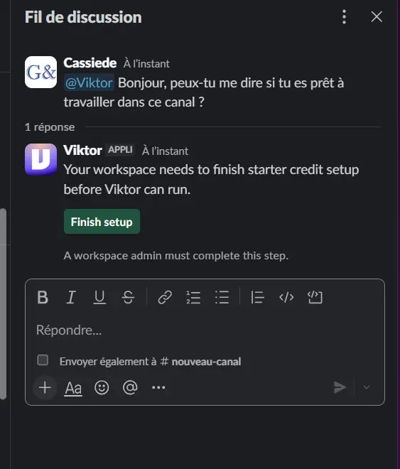 Message Slack de Viktor demandant de terminer la configuration des crédits Starter