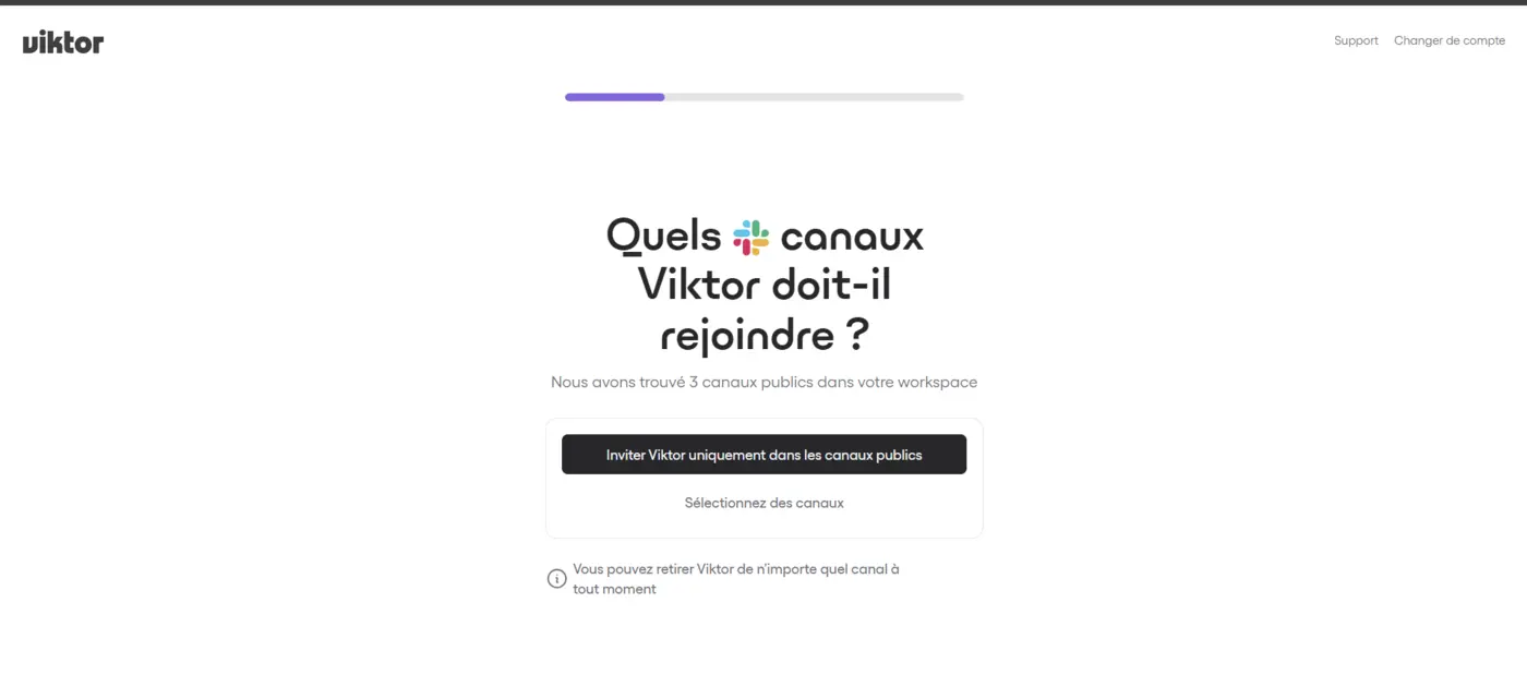 Écran réel permettant de choisir les canaux Slack que Viktor doit rejoindre