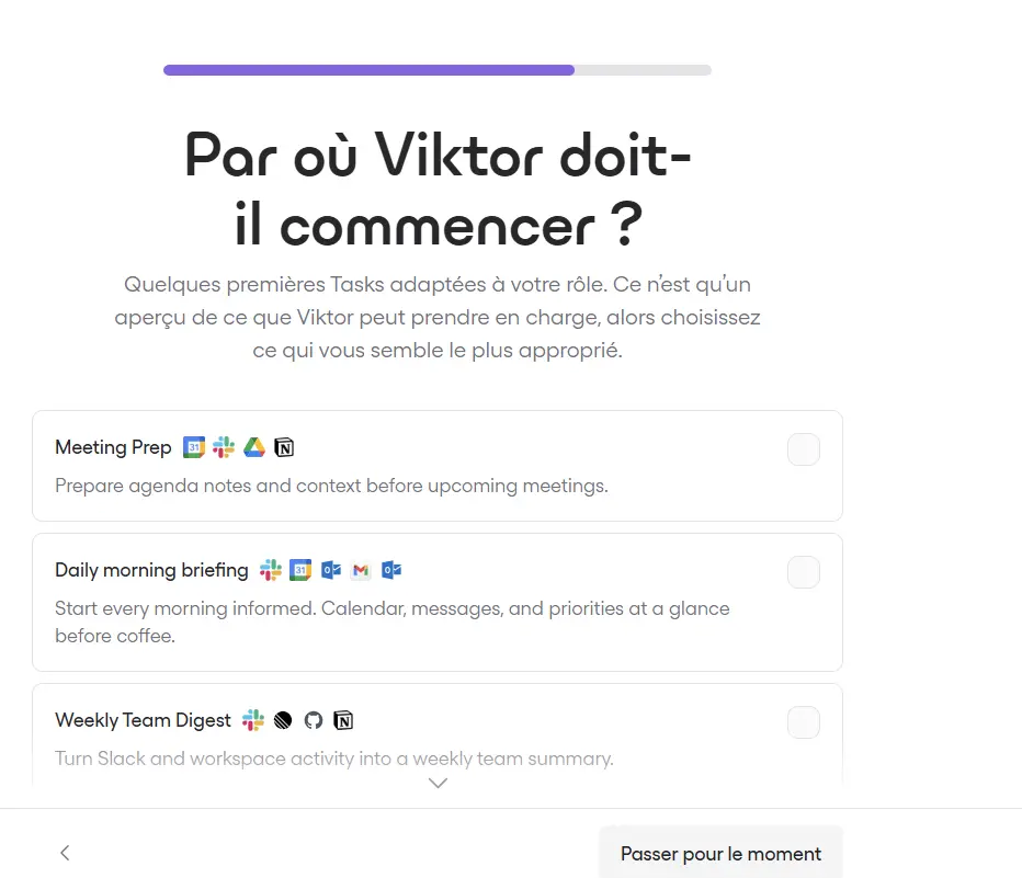 Suggestions de premières tâches proposées par Viktor pendant l’onboarding Slack