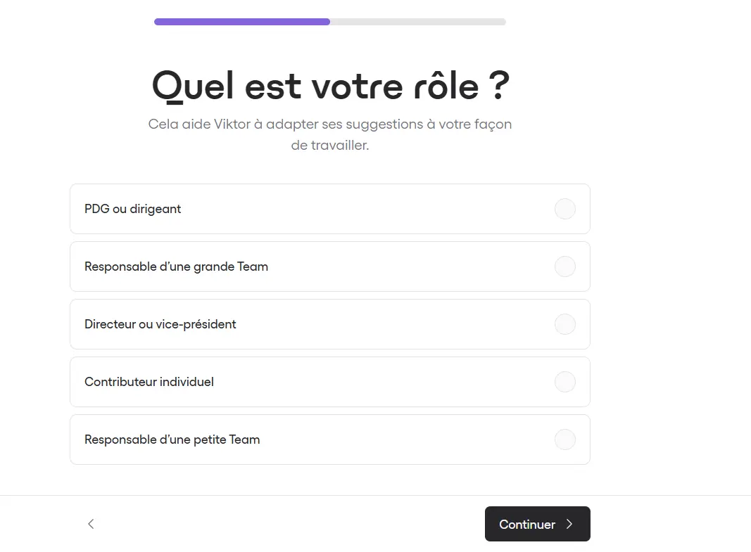 Question de l’onboarding Viktor demandant le rôle de l’utilisateur