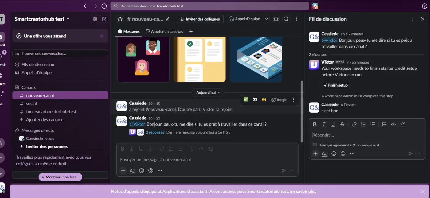 Viktor installé et prêt à répondre dans un canal Slack de test